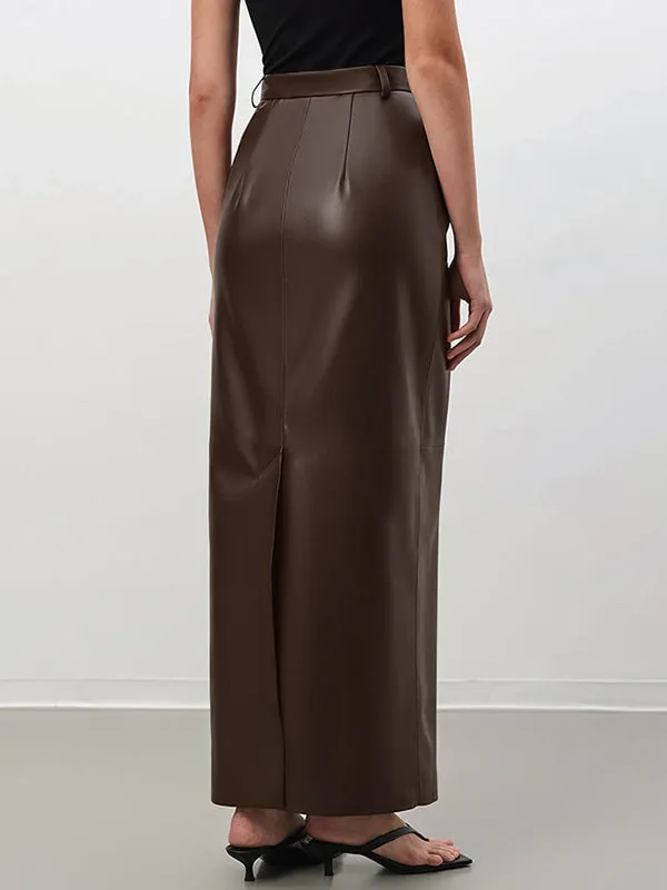 A-Line High Waisted Buttoned Solid Color Split-Back Skirts Bottoms