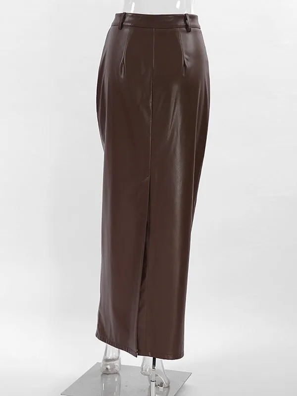 A-Line High Waisted Buttoned Solid Color Split-Back Skirts Bottoms