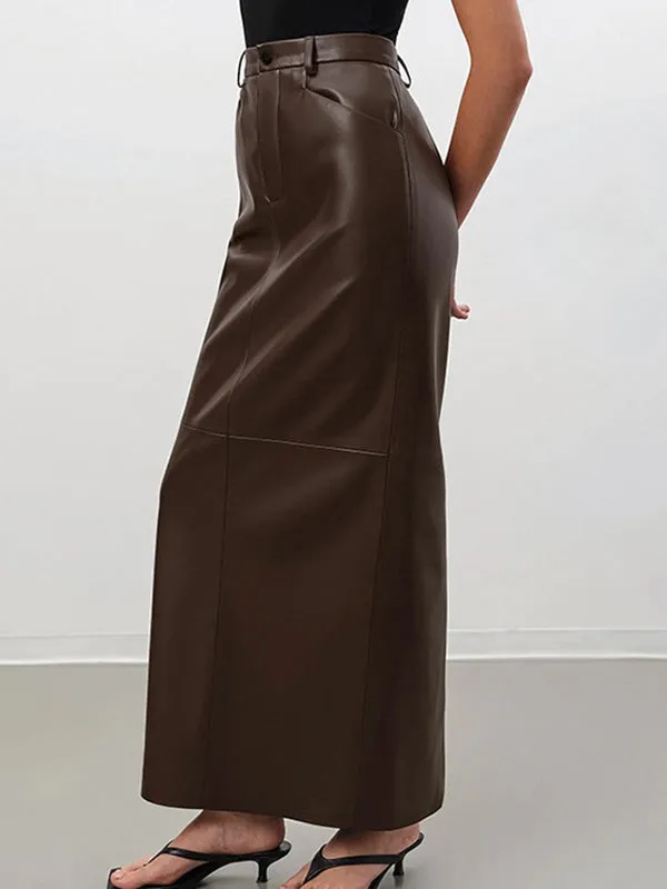 A-Line High Waisted Buttoned Solid Color Split-Back Skirts Bottoms