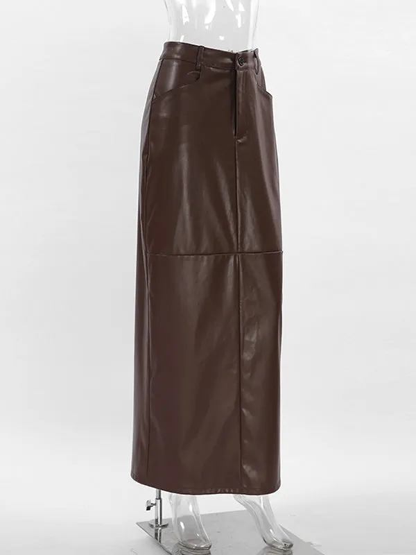 A-Line High Waisted Buttoned Solid Color Split-Back Skirts Bottoms