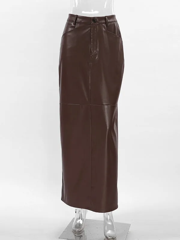 A-Line High Waisted Buttoned Solid Color Split-Back Skirts Bottoms